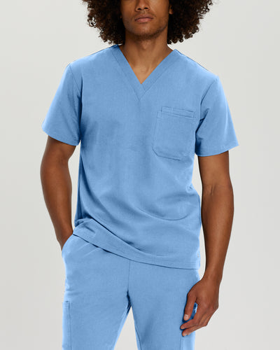 Ceil Blue - White Cross V-Tess Men's 2-Pocket V-Neck Scrub Top