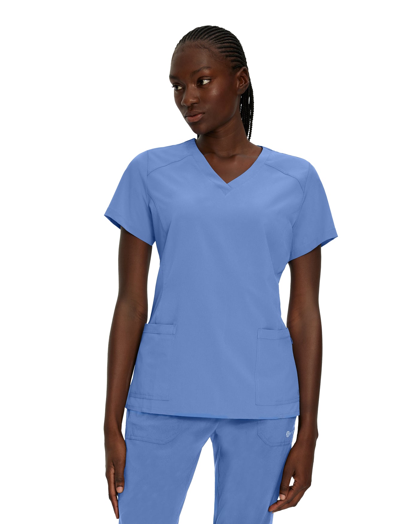 Ceil Blue - White Cross Fit 2-Pocket V-Neck Scrub Top