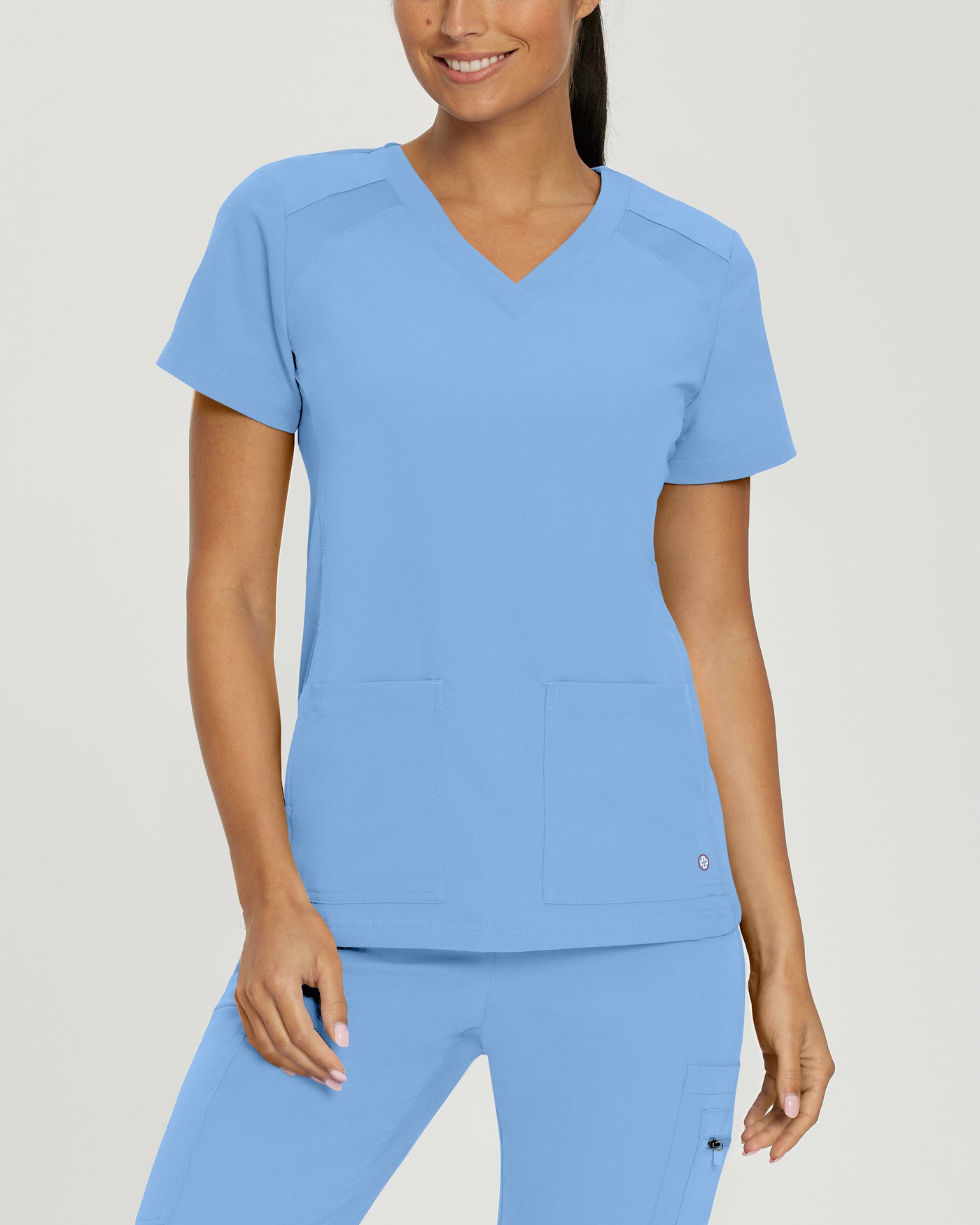 Ceil Blue - White Cross V-Tess 4-Pocket V-Neck Scrub Top