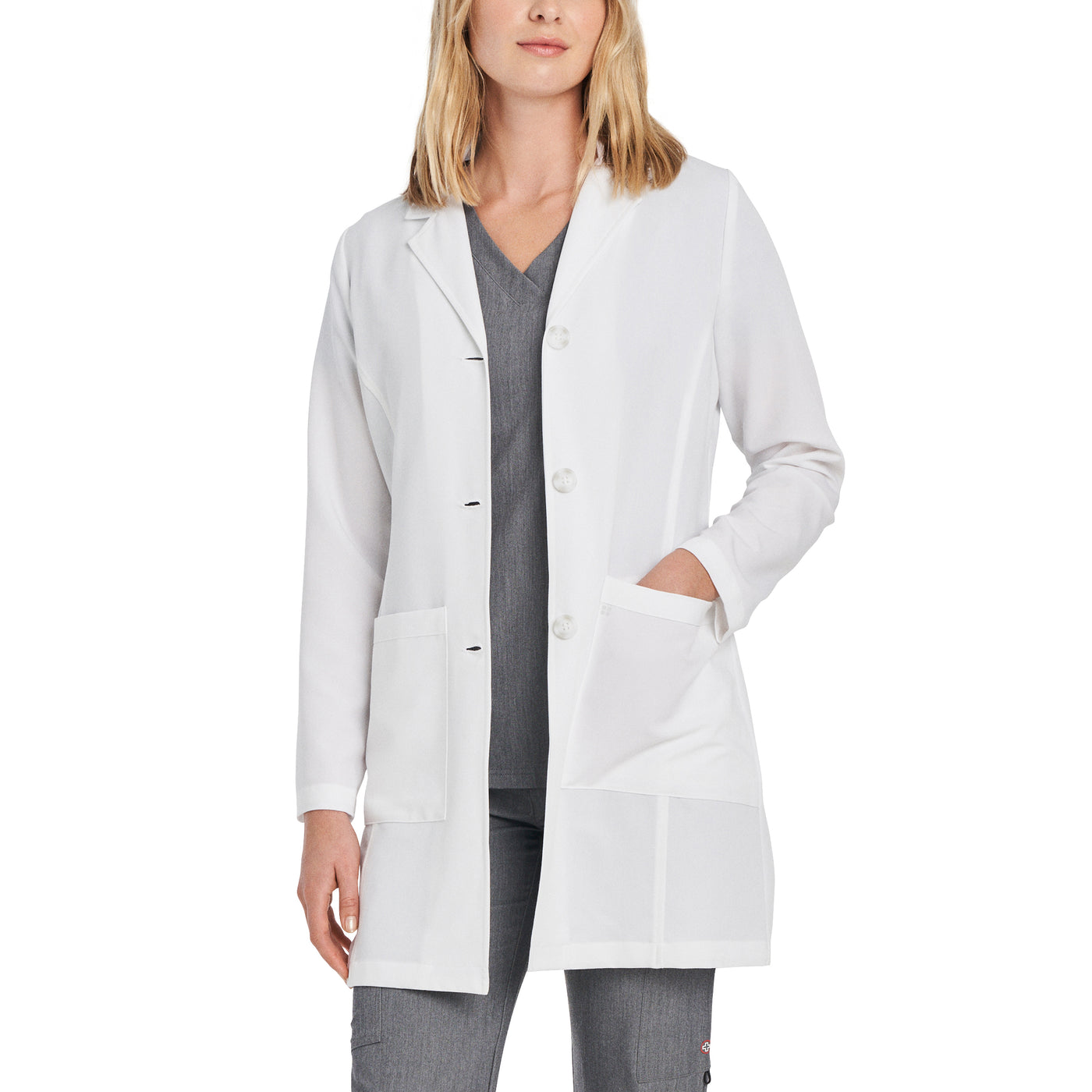 White - White Cross V-Tess Women's 4-Pocket Mid Length Lab Coat
