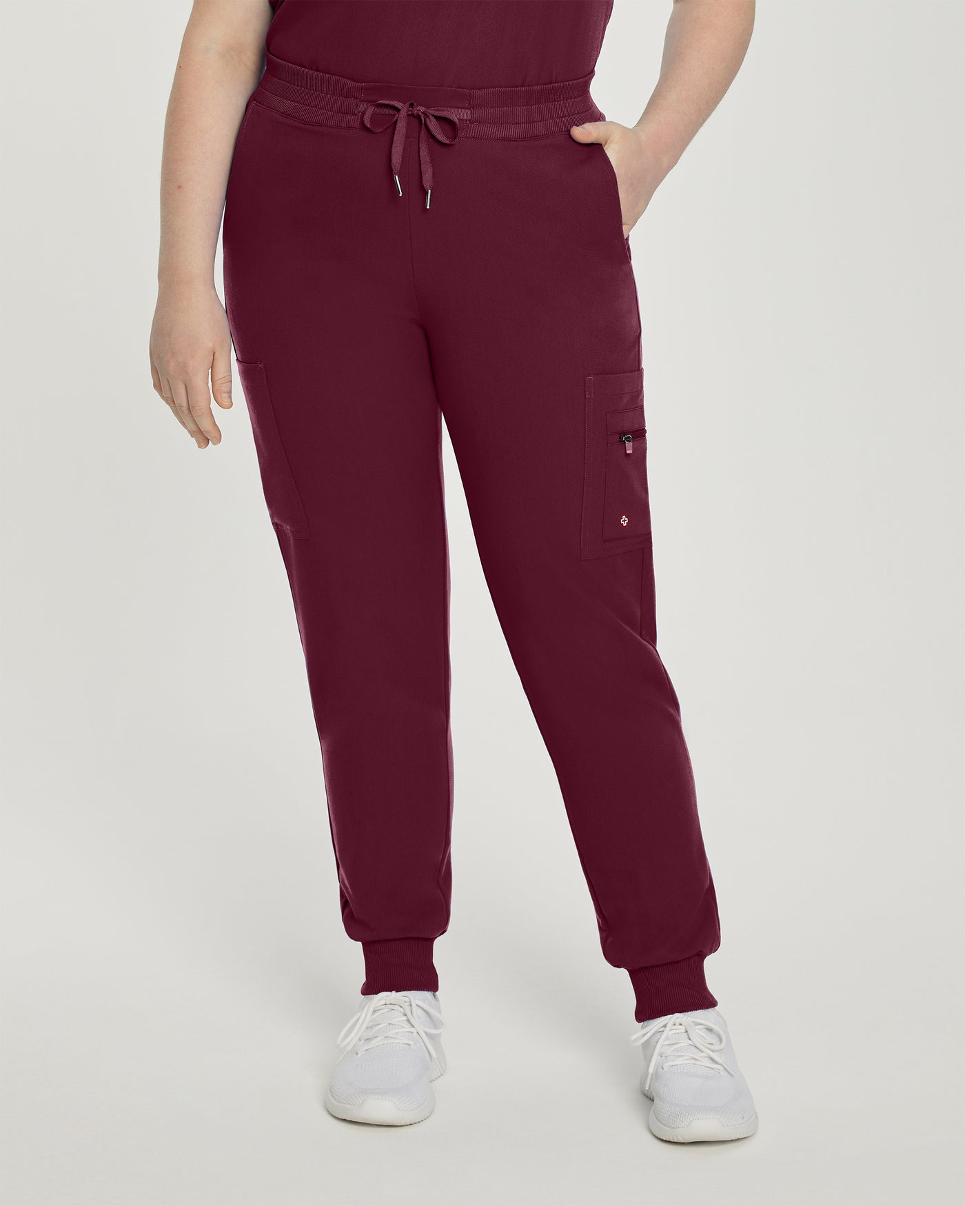 Wine - White Cross V-Tess Banded Bottom Jogger Scrub Pants