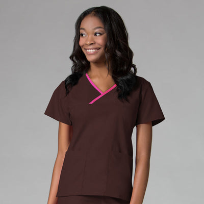 Chocolate/Hot Pink Trim - Maevn Core Mock Wrap Top