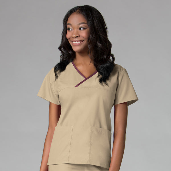 Khaki/Wine Trim - Maevn Core Mock Wrap Top