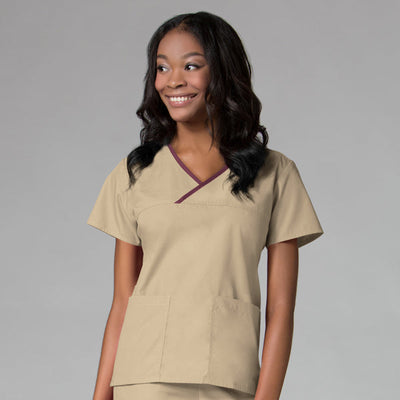 Khaki/Wine Trim - Maevn Core Mock Wrap Top