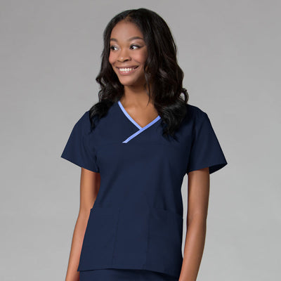Navy/Ceil Blue Trim - Maevn Core Mock Wrap Top