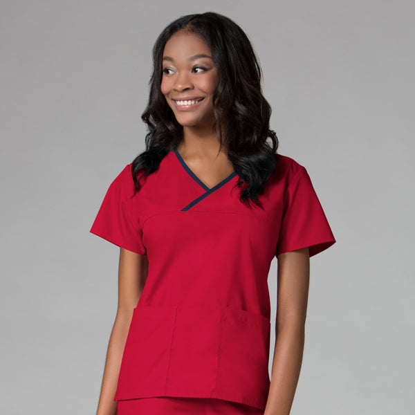 Red/Navy Trim - Maevn Core Mock Wrap Top