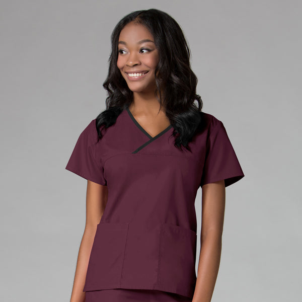 Wine/Black Trim - Maevn Core Mock Wrap Top