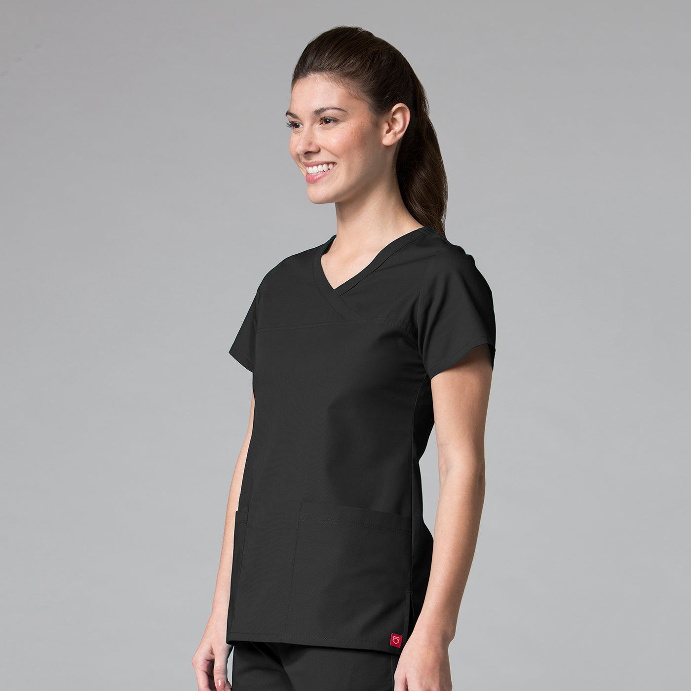 Black - Maevn Red Panda Curved Mock Wrap Top