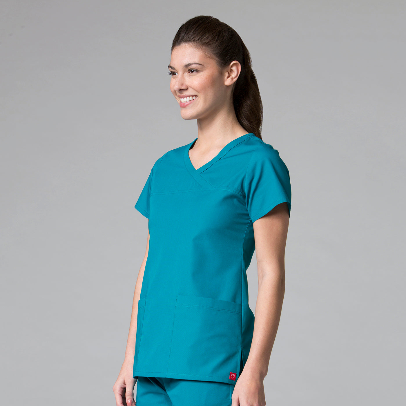 Teal - Maevn Red Panda Curved Mock Wrap Top