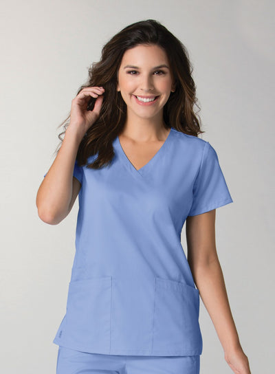 Ceil Blue - Maevn EON Back Mesh Panel Shaped V-Neck Top