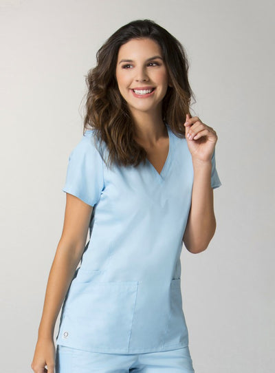 Sky Blue - Maevn EON Back Mesh Panel Shaped V-Neck Top