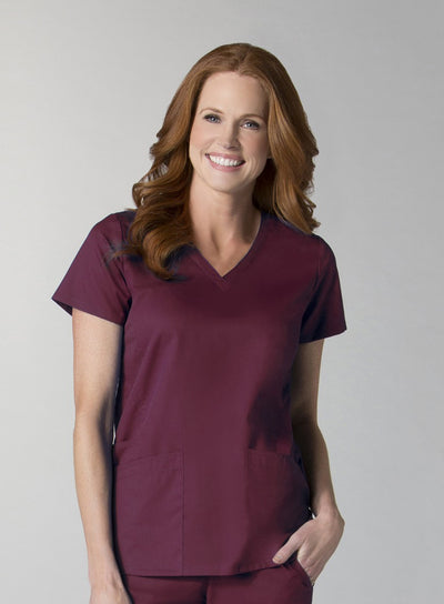 Wine - Maevn EON Back Mesh Panel Shaped V-Neck Top