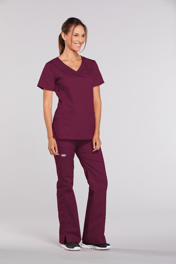 Wine - Cherokee Workwear Core Stretch V-Neck Top