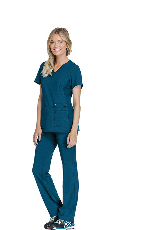 Caribbean Blue - Cherokee iFlex V-Neck Knit Panel Top
