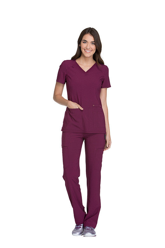 Wine - Cherokee iFlex V-Neck Knit Panel Top