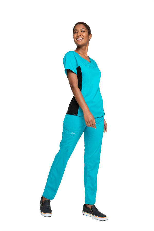 Teal Blue - Cherokee Workwear Revolution V-Neck Knit Panel Top