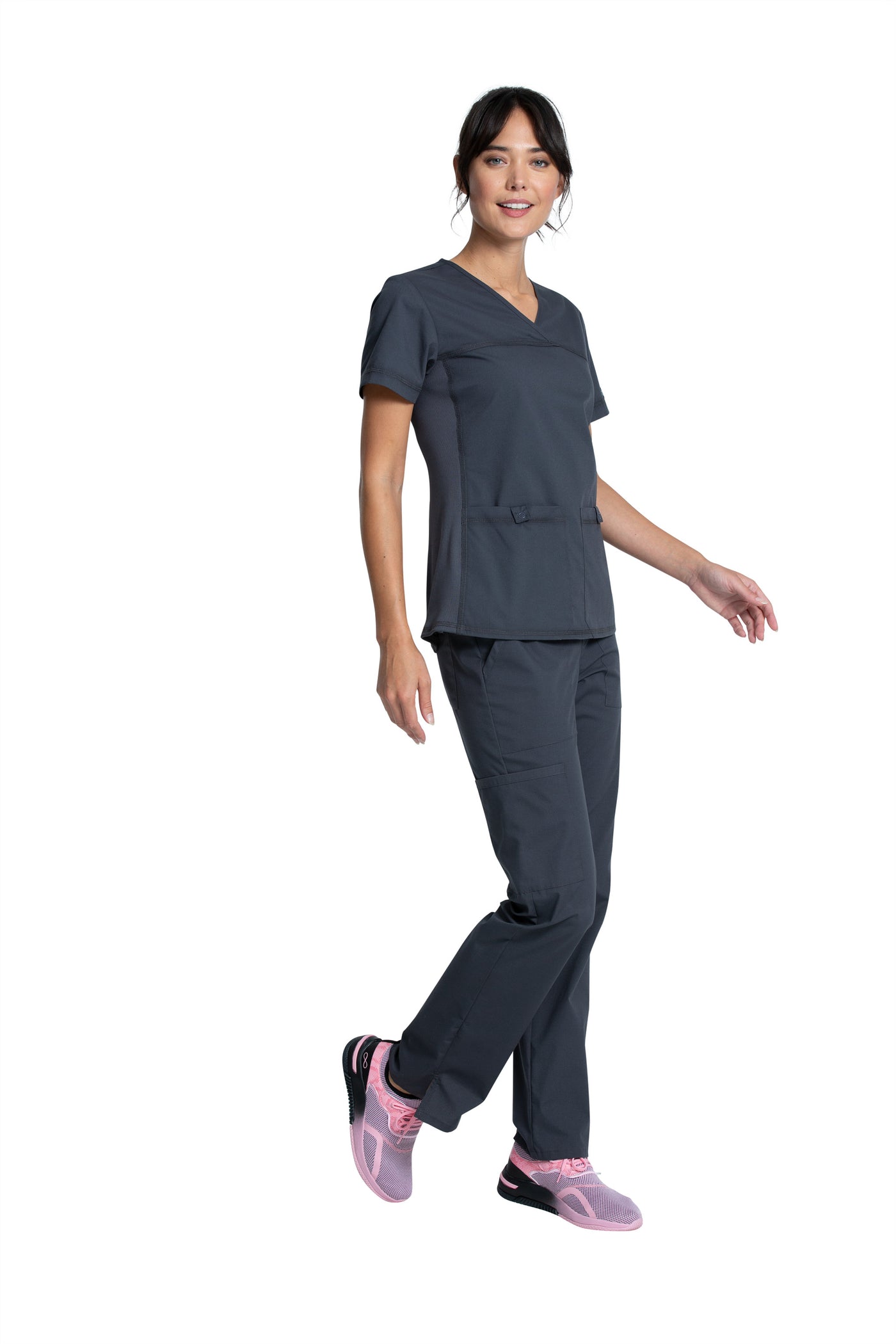 Pewter - Cherokee Workwear Professionals V-Neck Knit Panel Top