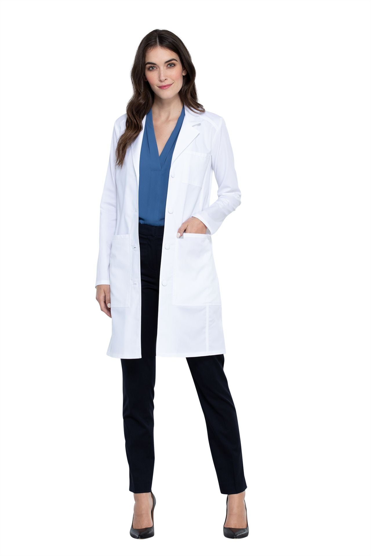 White - Cherokee Revolution Tech 36" Women's Antimicrobial Fluid Barrier Lab Coat
