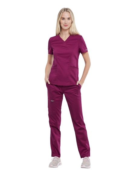 Wine - Cherokee Workwear Revolution Petite V-Neck Top