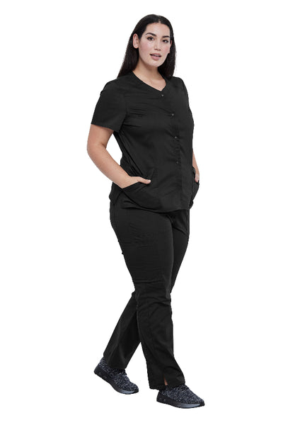 Black - Cherokee Workwear Revolution Snap Front V-Neck Top