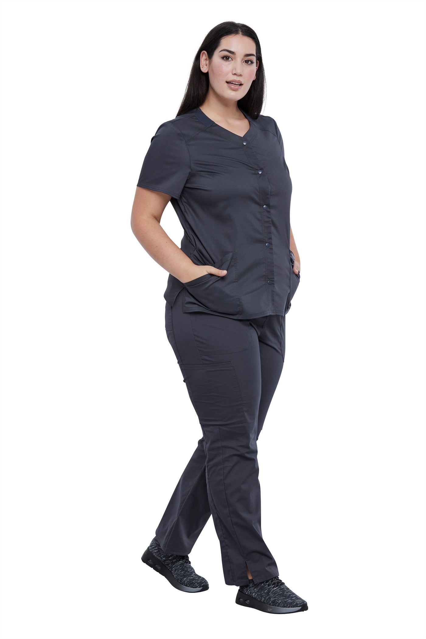 Pewter - Cherokee Workwear Revolution Snap Front V-Neck Top