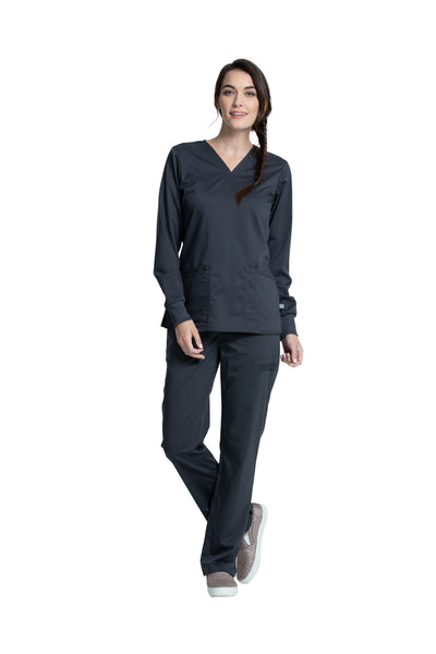 Pewter - Cherokee Workwear Revolution Tech Long Sleeve V-Neck Top